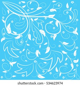 Pattern leaves with abstract swirl on a blue background. Can be used as a background, decor, decoupage, textile, invitation.