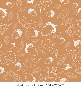 pattern leaves, acorns, white outline, on an orange background vector illustration for design and decoration