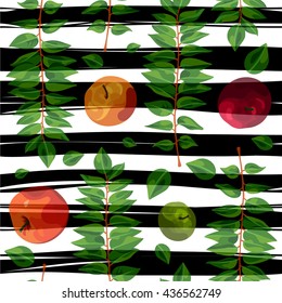Pattern of leaves and apples. Beautiful background for greeting cards, invitations, textiles, fabrics, wallpaper. Seamless vintage pattern of fruit.  Seamless vintage tropical flower pattern vector.