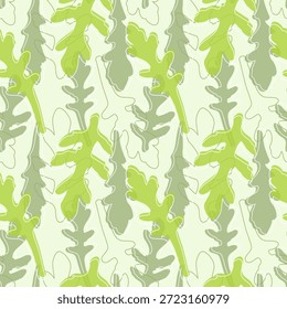 O padrão deixa silhuetas de Arugula e contornos, legumes folhosos. Microverde. No fundo claro. Ilustração vetorial