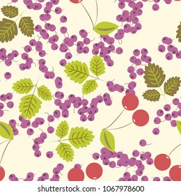 Pattern with leaves and berries. Cherry and blueberry pattern. Summer pattern for the kitchen.