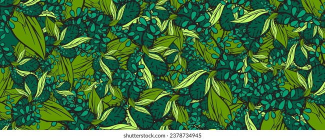 pattern with leaves and berries on a green background.