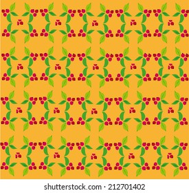 Pattern of leaves and berries on an orange background.