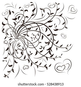 Pattern leaves with black abstract swirl and heart on a white background. Can be used as a background, decor, decoupage, textile, invitation.