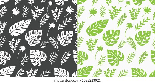 Pattern of leaves botanical silhouettes with flat colors  Hand drawn floral design elements. Wild and garden leaves outline flat colors illustrations isolated on white background. Vector design