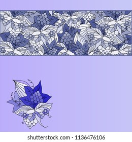 A pattern of leaves and bunches of grapes stripe in blue tones. Hand drawn illustration. Eps 10 vector.