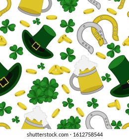 Pattern from the leaves of the clover, coins, beer, hat and horseshoe to Saint Patrick's Day. Vector illustration