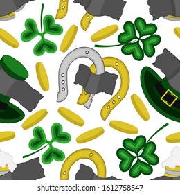 Pattern from the leaves of the clover, coins, beer, hat and horseshoe to Saint Patrick's Day. Vector illustration