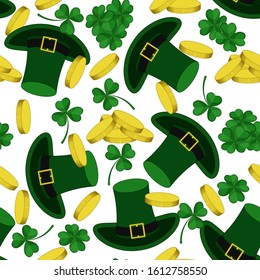 Pattern from the leaves of the clover, coins, beer, hat and horseshoe to Saint Patrick's Day. Vector illustration