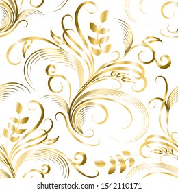 Pattern of leaves and curls of gold color on a white background.Golden leaves and lines in a pattern on a white background.