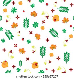 Pattern of leaves, flowers and berries. Grandma box on a yellow leaf. Seamless patterns. Natural autumn motifs.