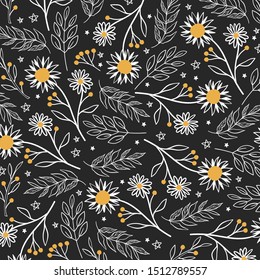 
Pattern with leaves and flowers. Magic pattern. Black background.