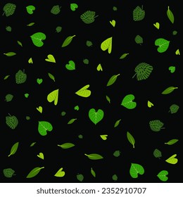 pattern with leaves and flowers on black background vector design, green leaves repeated pattern and hearts on black background
