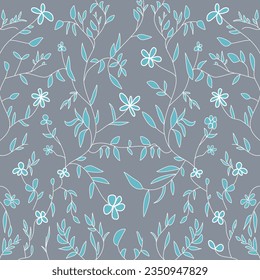 Muster von Blättern und Blumen auf grauem Hintergrund.