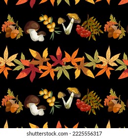 Pattern with leaves and gifts of the forest.Vector pattern with autumn leaves, mushrooms, acorns and berries on a black background.