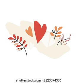Pattern with leaves, grasses and hearts in delicate pastel colors. Can be used as a postcard, wallpaper on your phone or desktop, an element of site decoration and graphic design