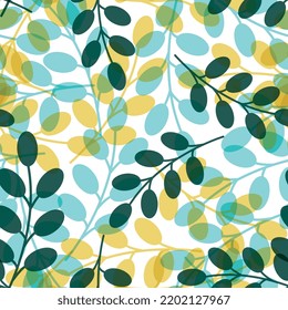 Pattern Of Leaves, Green, Yellow, Blue Colors, Eco, Simple Illustrations, Seamless Pattern