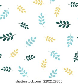 Pattern Of Leaves, Green, Yellow, Blue Colors, Eco, Simple Illustrations, Seamless Pattern