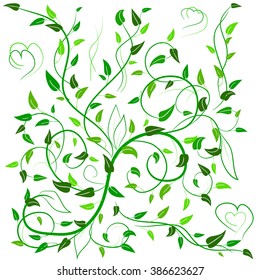 Pattern with leaves and heart on a white background. Can be used as a background, decor, decoupage, textile, invitation.