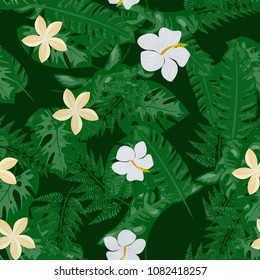 Pattern with leaves of monstera, flowers of hibiscus and plumeria. Tropical pattern.