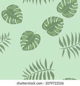 Pattern with leaves of monstera and palm trees. Tropical pattern of leaves. Monstera. Palm.