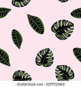 Pattern with leaves of monsters and palm trees. Tropical pattern of leaves. Monster. Palm.