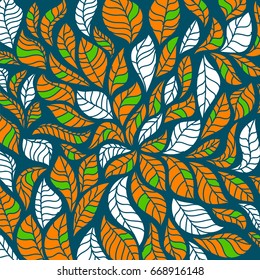Pattern Leaves Multicolor Background on Black Green Fond, Hand Drawn Vector Illustration EPS10