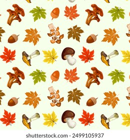 Pattern with leaves and mushrooms.Vector seamless pattern with forest mushrooms and colorful autumn leaves on a colored background.