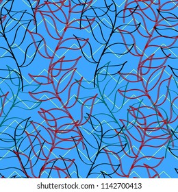 pattern with leaves on blue background, vector clip art