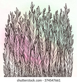 pattern of leaves on watercolor background, grass, feathers, watercolor ink drawing