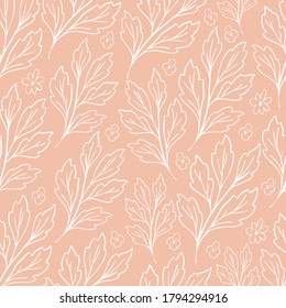 Pattern with leaves in one line on a pink background