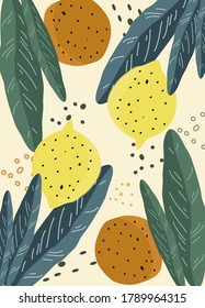 pattern with leaves, oranges and lemons
