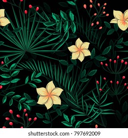 pattern of leaves of a palm tree and flowers on a dark background, vector illustration