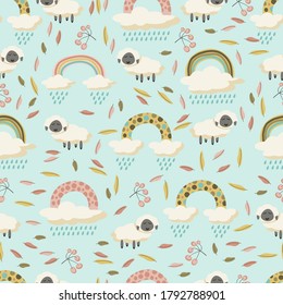 Pattern with leaves, rainbow, sheep, clouds, rain and berries. Autumn. Fall. Сhildren's style. Kid's style.