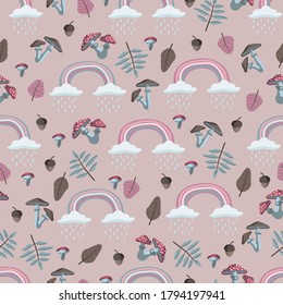 Pattern with leaves, rainbows, clouds, rain, and mushrooms. Autumn. Fall. Сhildren's style. Kid's style.