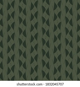 Pattern with leaves and seeds arranged in columns. Textile design in green tones. Wallpaper texture.