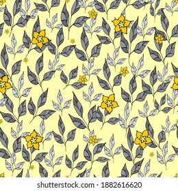 pattern leaves with small yellow flowers . Vector illustration. hand-drawn