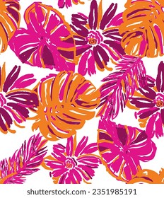 pattern  leaves tropical flowers girl