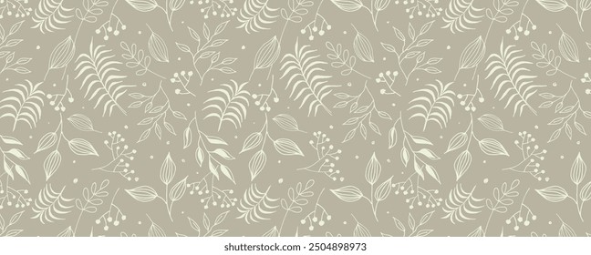 Pattern of Leaves, twigs and berries on a light background. Vector organic background. Delicate plant seamless wallpaper. For fabric, textile, wrapping paper, bed linen.