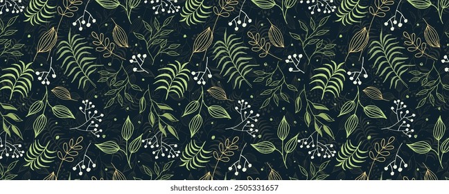 Pattern of Leaves, twigs and berries on a dark background. Vector organic background. Delicate plant seamless wallpaper. For fabric, textile, wrapping paper, bed linen.