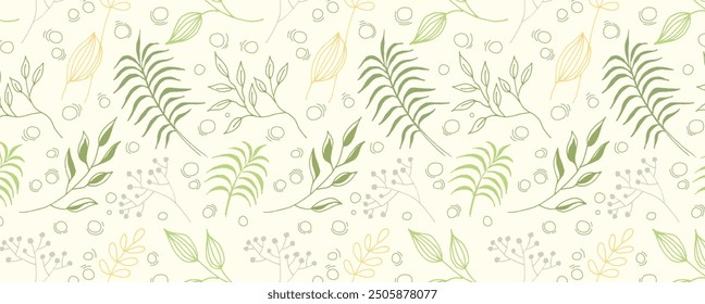 Pattern of Leaves, twigs and berries on a light background. Vector organic background. Delicate plant seamless wallpaper. For fabric, textile, wrapping paper, bed linen.