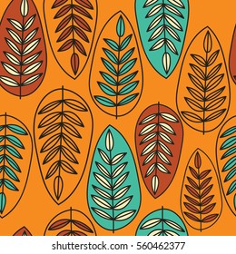 Pattern of leaves . Vector seamless pattern with silhouettes of leaves.  Scandinavian style on a Orange background 

