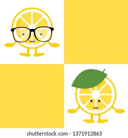 Pattern with lemon cute smile character in glasses. Cartoon yellow fruit card. Vector Illustration. Funny food