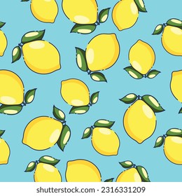 Pattern with Lemon fruits with branch, slice and flower set watercolor illustration isolated on blue background. Vector illustration