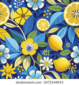 patrón hojas de limón, azul o flores colores arte Ilustración vectorial