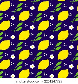 Pattern with lemon, leaves, flower chamomile and white dots. Modern natural minimalism background design. Vintage retro print.
