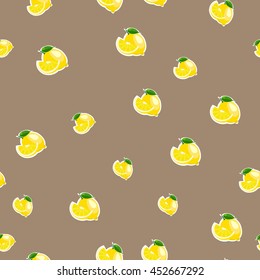 Pattern with lemon and leaves on brown background.