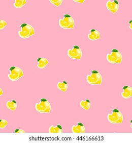Pattern with lemon and leaves on pink background.
