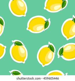 Pattern. lemon and leaves same sizes on turquoise background.