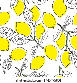 Pattern with lemon. Vector illustration. Hand sketched, seamless  design. Template for print, package, textile,wallpaper cover and box design.